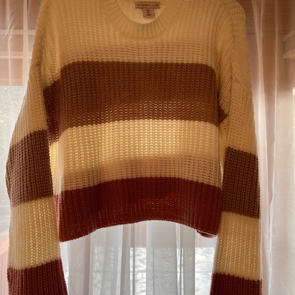 horizontal stripe cropped boxy sweater in cream, adobe and mocha colors